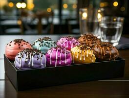 exibição do rosquinhas bolo com colorida creme em a Preto caixa do ai gerado foto