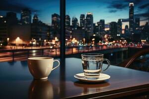 a tarde dentro a escritório com a esvaziar café caneca em uma mesa ai gerado foto