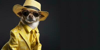 legal olhando chihuahua cachorro vestindo funky moda vestir. espaço para texto certo lado. generativo ai foto
