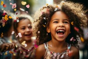 crianças feliz rindo enquanto tendo Diversão com confete foto