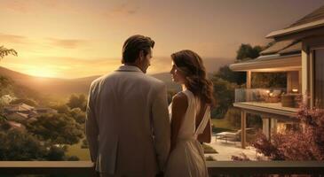 uma casal é em pé dentro frente do uma casa com uma lindo Visão dentro uma país configuração foto