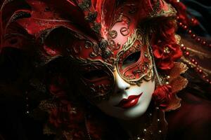 lindo mulher dentro Preto misterioso veneziano mascarar. ai gerado foto