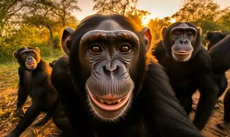 testemunha a beleza e personalidade do uma chimpanzé através a encantador fotografia selfie. criando usando generativo ai Ferramentas foto