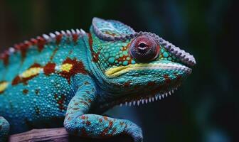 fechar-se Visão do do camaleão cor de arco-íris balanças criando usando generativo ai Ferramentas foto