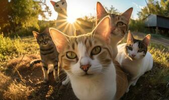 capturar a adorável essência do gatos dentro uma deslumbrante macrofotografia selfie. criando usando generativo ai Ferramentas foto