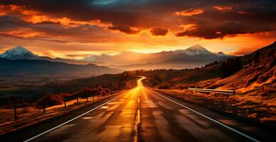 asfalto estrada alongamento para dentro a distância, montanha pôr do sol - ai gerado imagem foto