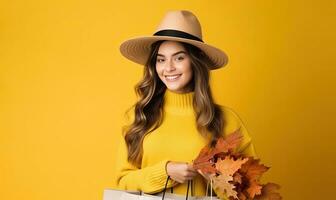 caloroso e convidativo outono retrato do uma feliz jovem mulher criando usando generativo ai Ferramentas foto