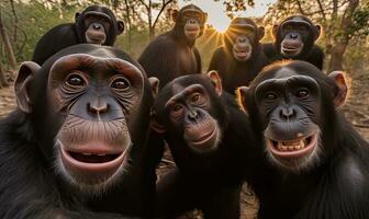 capturar a brincalhão espírito do uma chimpanzé dentro uma delicioso selfie momento. criando usando generativo ai Ferramentas foto