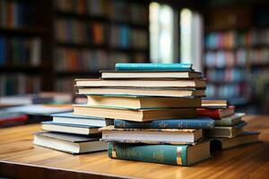 pilha do livro em a topo mesa dentro biblioteca profissional publicidade fotografia ai generativo foto