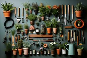 knolling jardinagem ferramenta plano deitar ai gerado foto