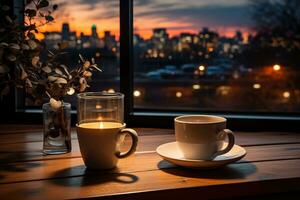 a tarde dentro a escritório com a esvaziar café caneca em uma mesa ai gerado foto