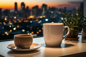 a tarde dentro a escritório com a esvaziar café caneca em uma mesa ai gerado foto