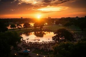 uma parque dentro uma movimentado cidade com Largo aberto espaço flor Campos ai gerado foto