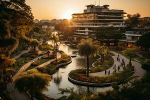 uma parque dentro uma movimentado cidade com Largo aberto espaço flor Campos ai gerado foto