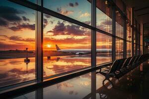 esperando quarto às a aeroporto com a ampla janela ai gerado foto