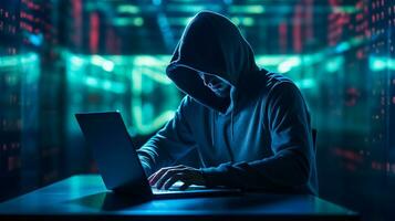 cíber segurança vulnerabilidade e hacker, codificação, malware conceito. encapuzado computador hacker dentro cíber segurança vulnerabilidade em servidor quarto fundo. ai generativo foto