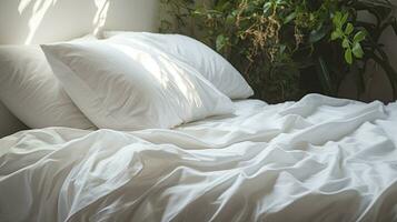 branco cama com almofadas e roupa de cama dentro quarto ou hotel, Boa manhã. generativo ai foto