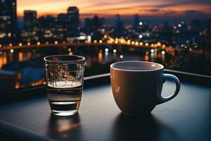 a tarde dentro a escritório com a esvaziar café caneca em uma mesa ai gerado foto