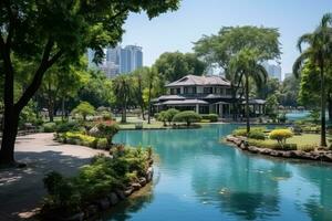 uma parque dentro uma movimentado cidade com Largo aberto espaço flor Campos ai gerado foto