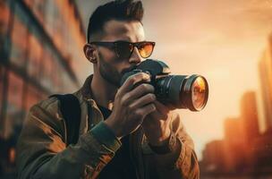 homem segurando Câmera ensolarado dia rua foto. gerar ai foto