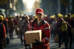 retrato do uma mulheres voluntário carregando uma caixa contendo Comida ajuda para desastre vítimas. caridade, humanitário, comunidade, trabalho em equipe conceito. generativo ai foto