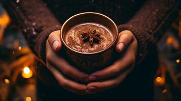 acolhedor mãos dentro suéter segurando Castanho copo do quente chocolate coberto foto