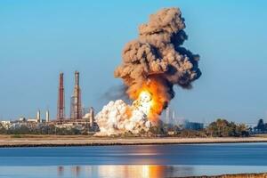 grande explosão dentro a no mar óleo refinaria ai gerado foto