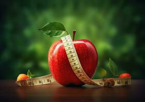 maçã com medindo fita . peso perda conceito. contando calorias e saudável comendo conceito. dieta. generativo ai foto