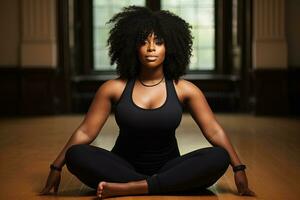 Preto mulher praticando ioga dentro lótus posição generativo ai foto