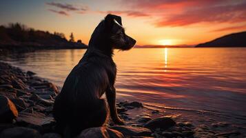 cachorro em a de praia às pôr do sol, ai gerado foto