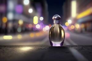 perfume garrafa contra a pano de fundo do noite cidade luzes. neural rede gerado arte foto