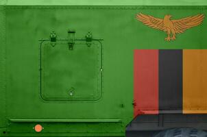 Zâmbia bandeira retratado em lado parte do militares blindado caminhão fechar-se. exército forças conceptual fundo foto