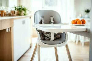 convencional bebê alimentando cadeira dentro a jantar mesa às casa ou cozinha. criança Alto cadeira mobília conceito de ai gerado foto