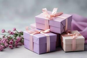 colorida presente caixas presente com fita e arco. para aniversário, Natal presente ou namorados ocasiões conceito de ai gerado foto