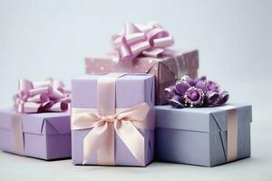 colorida presente caixas presente com fita e arco. para aniversário, Natal presente ou namorados ocasiões conceito de ai gerado foto