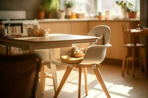 convencional bebê alimentando cadeira dentro a jantar mesa às casa ou cozinha. criança Alto cadeira mobília conceito de ai gerado foto