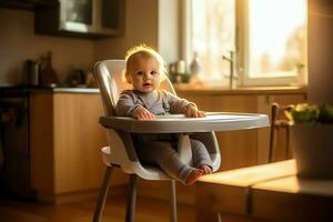 convencional bebê alimentando cadeira dentro a jantar mesa às casa ou cozinha. criança Alto cadeira mobília conceito de ai gerado foto