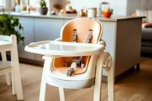 convencional bebê alimentando cadeira dentro a jantar mesa às casa ou cozinha. criança Alto cadeira mobília conceito de ai gerado foto