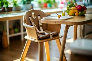 convencional bebê alimentando cadeira dentro a jantar mesa às casa ou cozinha. criança Alto cadeira mobília conceito de ai gerado foto