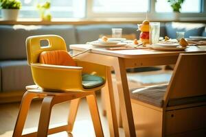 convencional bebê alimentando cadeira dentro a jantar mesa às casa ou cozinha. criança Alto cadeira mobília conceito de ai gerado foto