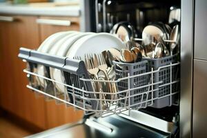 aberto lava-louças máquina dentro cozinha quarto com sujo pratos ou limpar \ limpo pratos depois de lavando dentro conceito de ai gerado foto