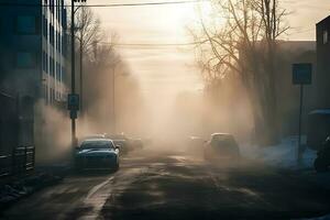 ar poluição a partir de a escape do carros dentro a cidade durante a frio dia, de Meio Ambiente poluição dentro a cidade. neural rede ai gerado foto