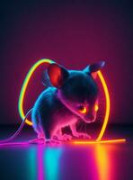 uma rato com brilhando olhos e néon luzes foto