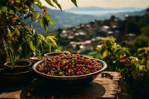 uma exuberante café plantação, incorporando uma pacífico, esquentar, e ensolarado atmosfera. de madeira taças preenchidas com vermelho não processado café feijões. generativo ai foto