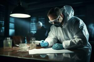 forense experts examinando evidência dentro uma bem iluminado e profissional ambiente. generativo ai foto