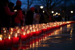 uma esperançoso imagem do uma luz de velas vigília honrando Essa afetado de hiv AIDS, destacando lembrança e unidade. generativo ai foto