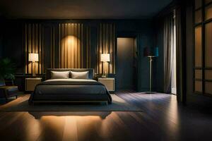 uma quarto com Sombrio madeira paredes e uma cama. gerado por IA foto