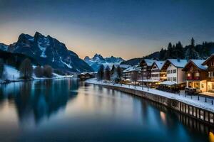 a lindo Cidade do Alpbach dentro a Alpes às pôr do sol. gerado por IA foto