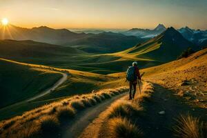 uma homem caminhada em uma montanha caminho às pôr do sol. gerado por IA foto