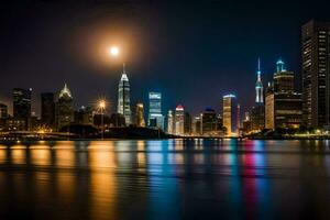 a cidade Horizonte às noite com a lua brilhando brilhantemente. gerado por IA foto